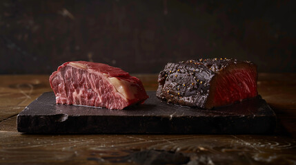 Fresh raw steak and aged barbecue contrast against a dark setting.