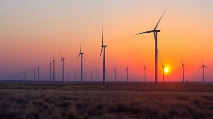 Obraz premium As the sun dips below the horizon, a wind farm's turbines capture the last light,