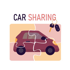 Car share concept. Short-term car rental service. Sharing economy and collaborative consumption. Vehicle puzzle, key and keychain alarm.