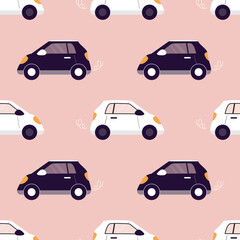 Contemporary children seamless pattern with modern cars in flat style. Endless fun cartoon kids ornament for clothes, fabric, paper, cover, interior decoration.