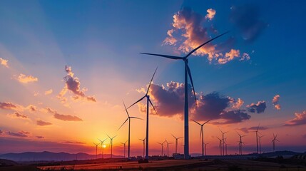 Obraz premium Evening descends on a wind farm, where renewable energy meets the artistry of sunset skies