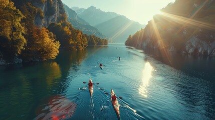 Fototapeta premium Group of people kayaking. Aerial view. Adventurous kayakers paddle through turquoise waters.