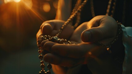 Religious rosary tight in his hands. AI generated - obrazy, fototapety, plakaty