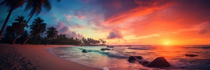 Amazing sunset on a sandy beach with palm trees in the background.