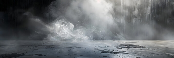 Fototapeta premium Dark concrete floor with mist abstract cement room with smoke ideal for product display. Concept Concrete Background, Abstract Setting, Product Display, Smoke Effects, Dark Aesthetic
