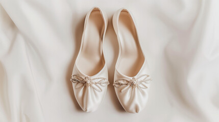 Elegant pair of women's slipper shoes with bows on a white background