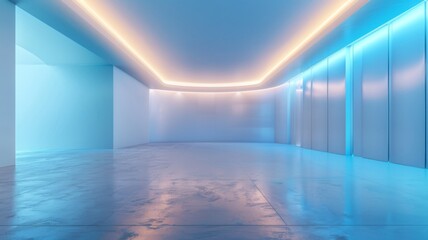 Pastel blue abstract interior with curved lines - An empty room featuring soft pastel blue tones and curved architectural elements with LED lighting