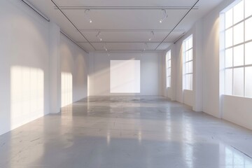 Spacious art gallery with white walls and sunlight - An empty art gallery with expansive white walls bathed in natural sunlight from large windows, ideal for exhibitions
