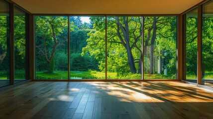 Modern interior design with forest view - An empty room with wooden floors and large windows showing a lush forest scene, emphasizing serenity and connection with nature
