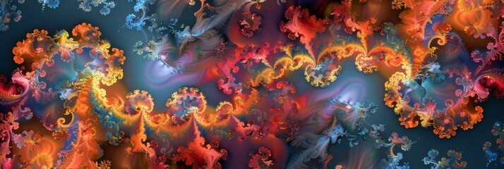 Fototapeta na wymiar Fluid fractal art with cool blue tones - An equally fascinating and chilling image with fluid fractal patterns in a palette of cool blues and pops of fiery reds and yellows