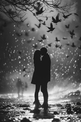 A couple is kissing in the rain with birds flying in the background