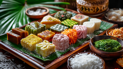 A photo of A selection of Indonesian kueh or traditional sweets, arranged artfully on a wooden platter with banana leaves and coconut shavings