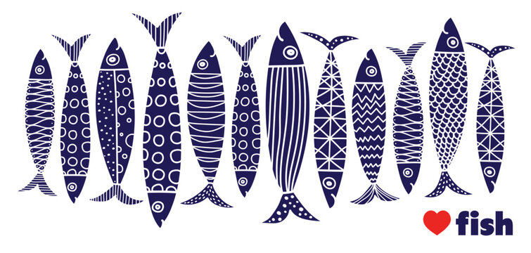 Cute retro  cartoon illustration with  fish on white background. Vector illustration set. Sardine.