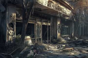 An abandoned burning building has been completely destroyed by fire AI Generative