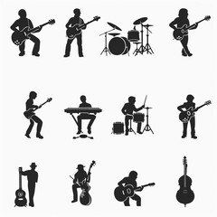The image features a collection of nine cartoon-style illustrations of musicians playing various musical instruments