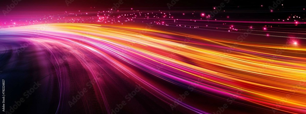 Poster yellow and pink light trails, the flow of data within computer systems or networks, the transfer of 