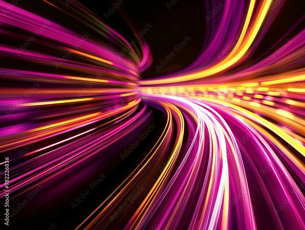 Poster yellow and pink light trails, the flow of data within computer systems or networks, the transfer of 
