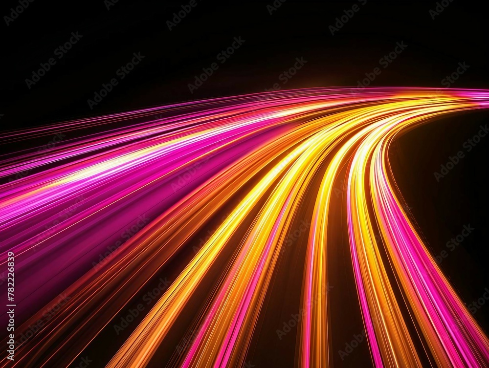 Poster yellow and pink light trails, the flow of data within computer systems or networks, the transfer of 