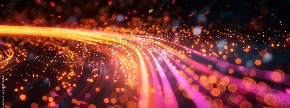 Poster yellow and pink light trails, the flow of data within computer systems or networks, the transfer of 