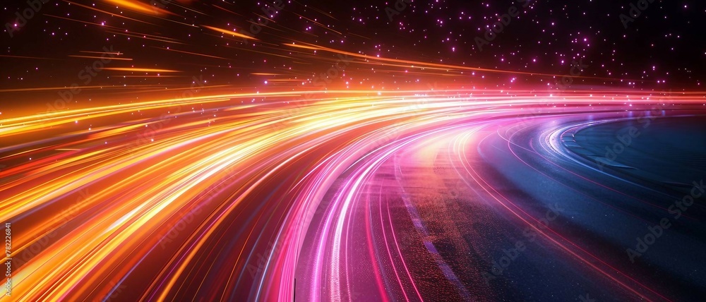 Poster yellow and pink light trails, the flow of data within computer systems or networks, the transfer of 