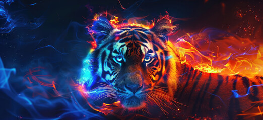 Naklejka premium an orange tiger made out light and glowing fire, neon lights, cinematic lighting
