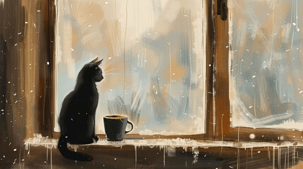 A cat sits on a window sill with a cup of coffee or tea