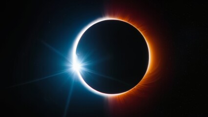 A dramatic solar eclipse with radiant solar flares and a darkened moon silhouette against a black sky