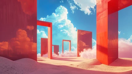 Fototapeten Surreal desert landscape with blue clouds going into the red square portals on sunny day © Pters