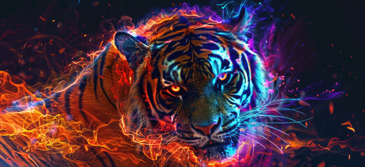 Fototapeta premium an orange tiger made out light and glowing fire, neon lights, cinematic lighting