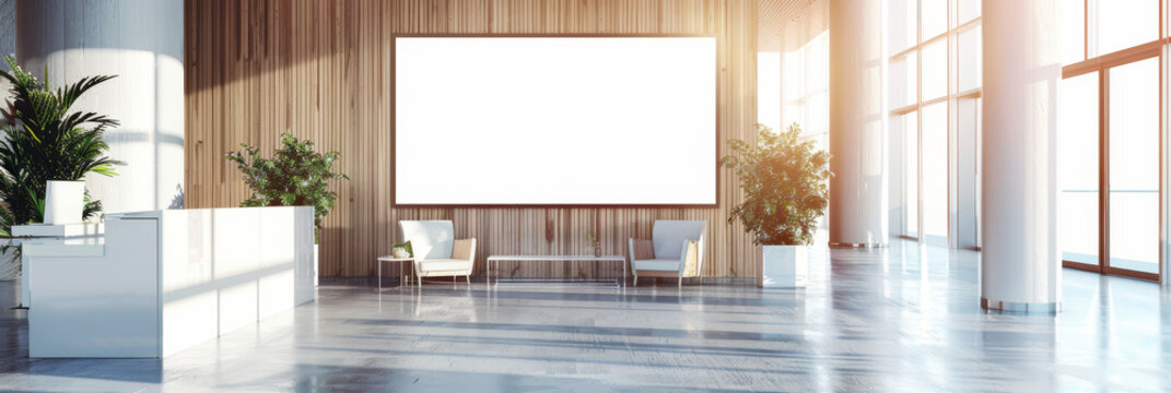 A white wall with a large white board and two potted plants by AI generated image