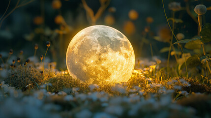 macro product shot of realistic miniature moon lying in a flowerbed.