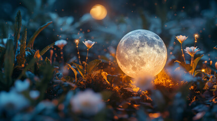 macro product shot of realistic miniature moon lying in a flowerbed. - obrazy, fototapety, plakaty