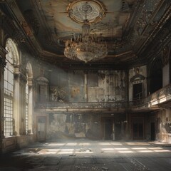 Fototapeta na wymiar Abandoned banquet hall echoes of laughter and sorrow