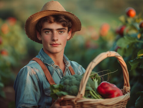 A young farmer hold a basket of vegetables