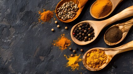 Aromatic spices in wooden spoons on dark background. Kitchen ingredients for flavor. Culinary herbs close-up shot. Cooking and gastronomy concept. AI