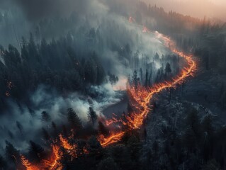 Fototapeta na wymiar Aerial Perspective of Wildfire's Devastation: A Line Between Nature's Resilience and Unyielding Inferno