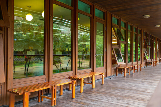 the corrider with banches in the Taipei Public Library Beitou Branch