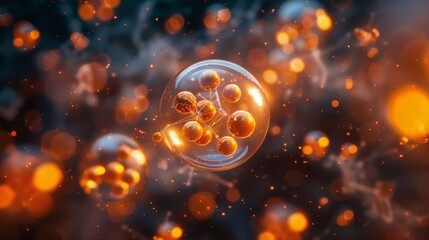 Dynamic atoms and subatomic particles illustration: digital art of atoms, nuclei, and electrons in vibrant motion depicting the nano universe - obrazy, fototapety, plakaty