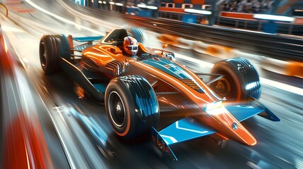 Obraz premium Dynamic Racing Car in High-Speed Action on a Blurred Track. Vivid Colors and Motion Blur Capture a Sense of Speed. Ideal for Sports Themes. AI