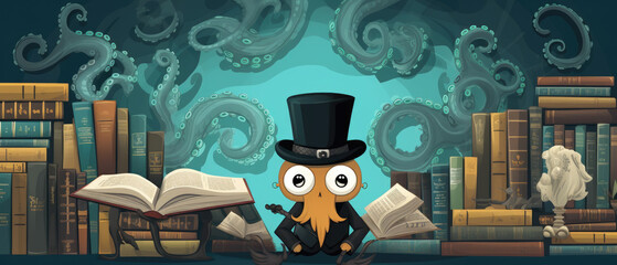 A curious octopus in a top hat, exploring an underwater library filled with fish swimming between bookshelves.