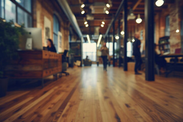 Modern office space with wooden floors, empty desks, and employees working diligently in the...