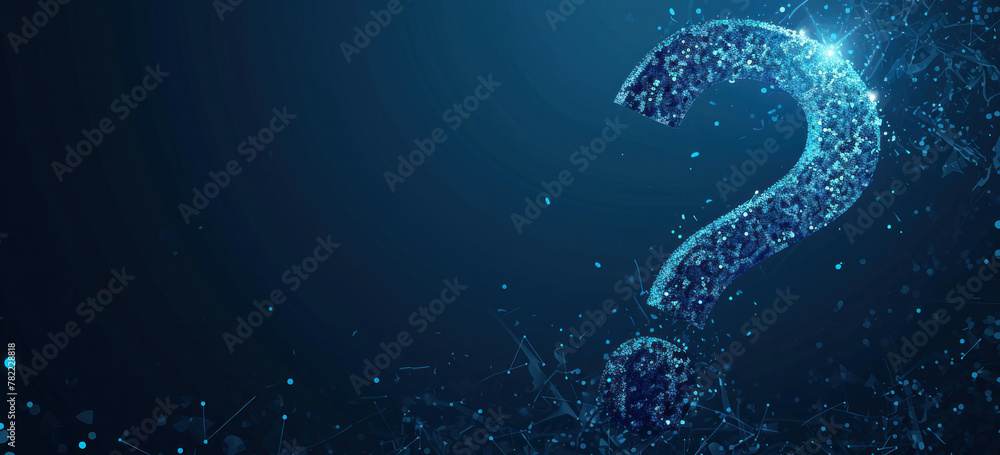 Poster abstract illustration of a threedimensional question mark on dark blue background with dots and line