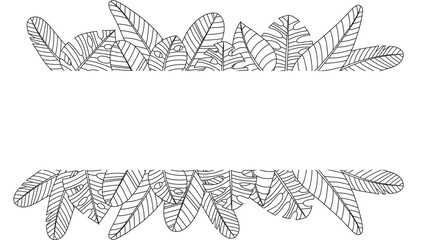 Hand drawn branches and leaves of tropical plants. Black and white seamless line horizontal texture. Monochrome doodle floral pattern. Vector sketch.