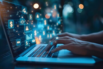 Close-up of hands typing on a laptop, showcasing glowing financial graphs and cybersecurity icons against a bokeh background..