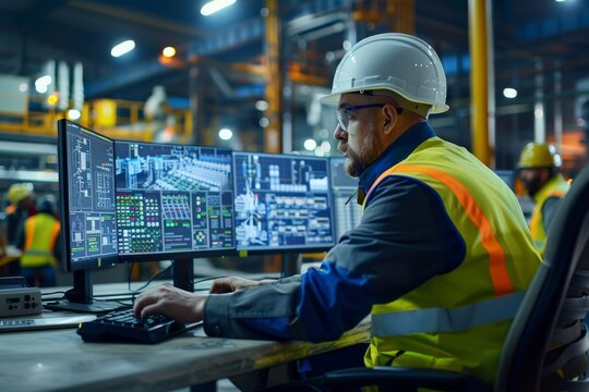 Focused engineer in hard hat working on monitors displaying industrial systems at a manufacturing plant with coworkers in the background..
