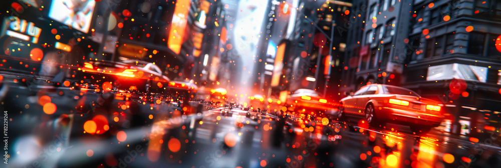 Poster dynamic motion and speed on highway, abstract light trails and fast movement, futuristic transportat