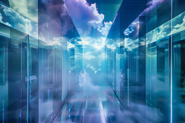 A dreamlike setting where data flows freely through a maze of clouds and servers,
