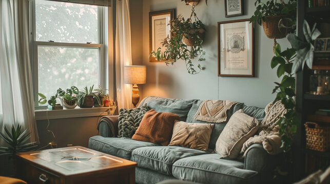 A cozy living room with a framed marriage certificate on the wall,