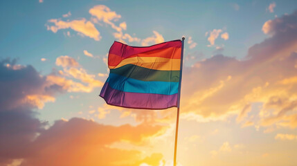 A pride flag waving in the wind against a sunset sky,