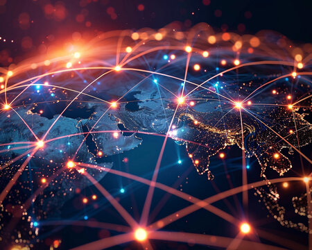 A network of vibrant, interconnected lines and circles representing global business connections,
